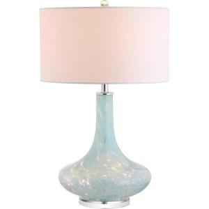 JONATHAN Y 29″ Ice Blue Teardrop Glass LED Table Lamp, Contemporary Gourd Lamp with White Linen Drum Shade and Chrome Base for Living Room Bedroom, LED Bulb Included JYL2001A