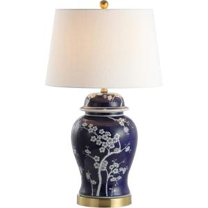 JONATHAN Y 29.5″ Green/White Traditional Ceramic Ginger Jar Table Lamp for Living Room, Chinoiserie Asian Bedside Lamp with White Linen Shade and LED Bulb Included (JYL3047B)(White/Navy)