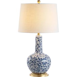 JONATHAN Y 30″ Blue/White Ceramic Gourd LED Table Lamp, Classic Chinoiserie Vine Pattern Traditional Cottage Lamp with White Linen Shade, Gold Base, LED Bulb Included JYL5051A
