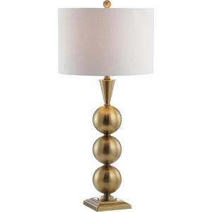 JONATHAN Y 33″ Brass Gold Stacked Orb Metal LED Table Lamp, Contemporary Transitional Iron Bedside Lamp for Living Room Bedroom, White Linen Drum Shade, LED Bulb Included JYL3021A