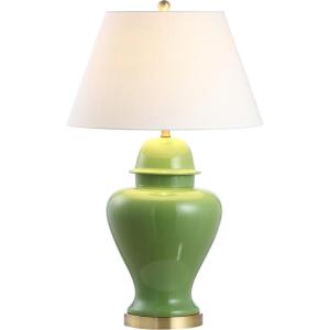 JONATHAN Y 33″ Green Modern Ceramic Ginger Jar Table Lamp for Living Room, Traditional Bedside Lamp for Bedroom Entryway, White Linen Shade, LED Bulb Included JYL6618A(Green)