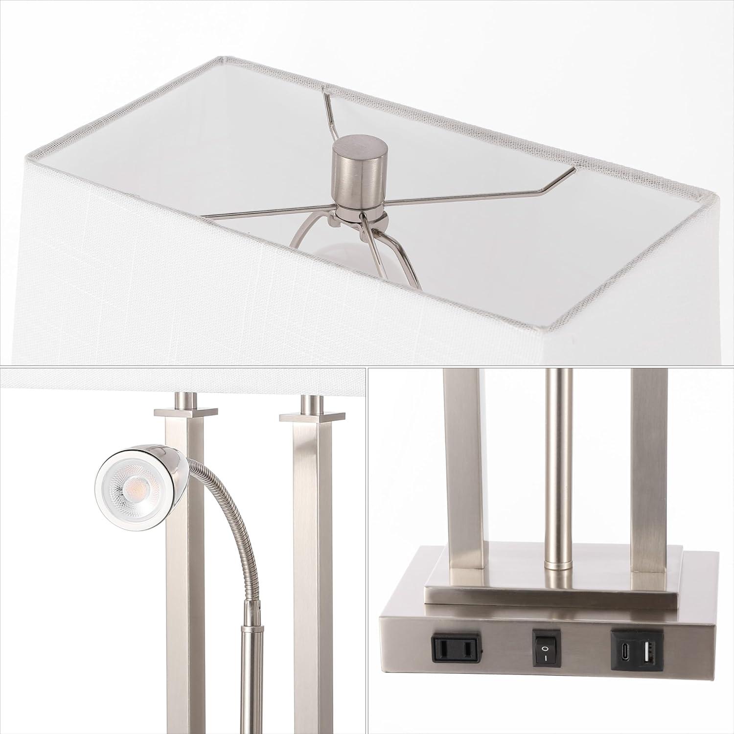 image:imageJONATHAN Y 2375 Nickel 2Light Modern Farmhouse LED Table Lamp with USB White Linen Shade AC Outlet Adjustable Reading Light for Bedside Nightstand and Living Room JYL1144CNickel
