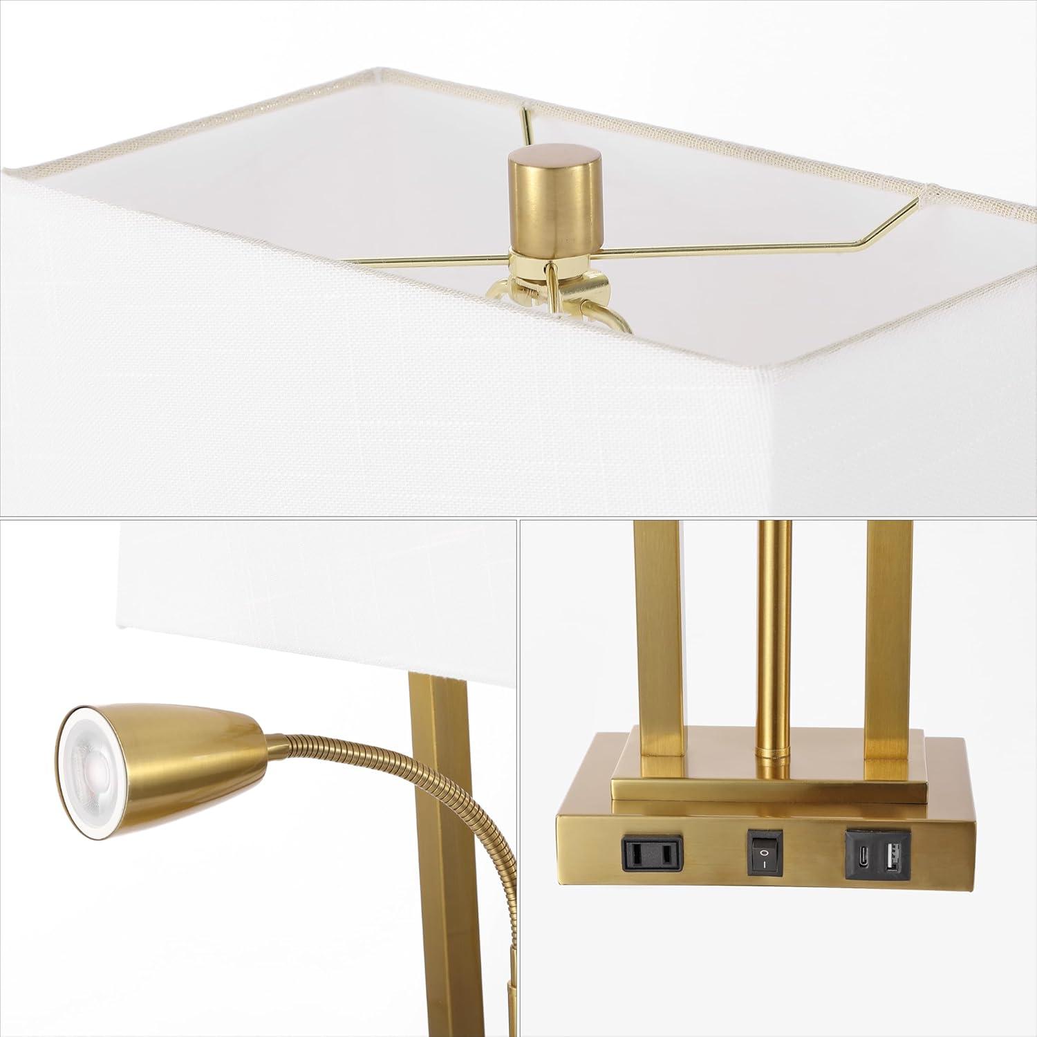 image:imageJONATHAN Y 2375 Nickel 2Light Modern Farmhouse LED Table Lamp with USB White Linen Shade AC Outlet Adjustable Reading Light for Bedside Nightstand and Living Room JYL1144CBrass Gold