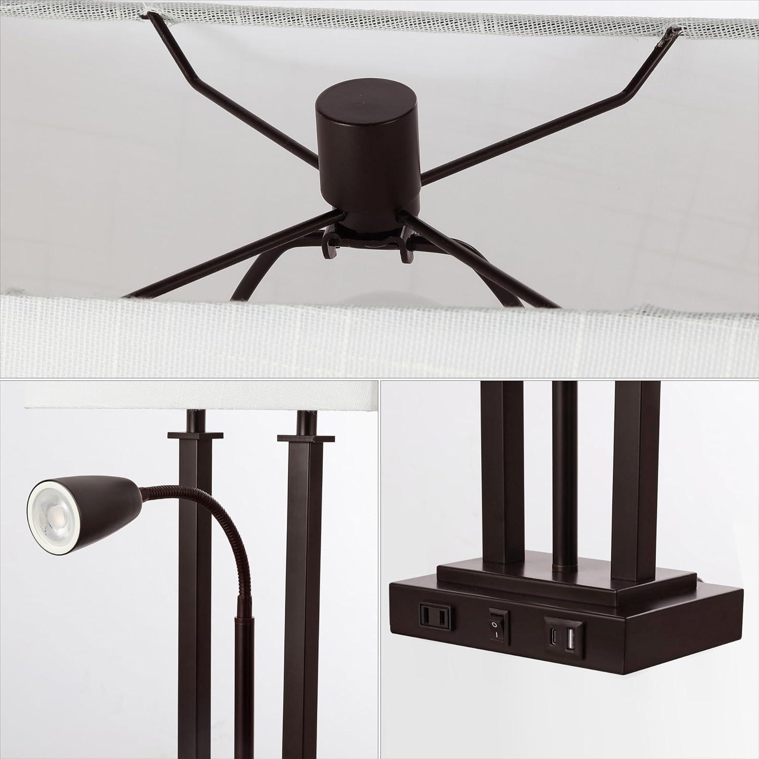 image:imageJONATHAN Y 2375 Nickel 2Light Modern Farmhouse LED Table Lamp with USB White Linen Shade AC Outlet Adjustable Reading Light for Bedside Nightstand and Living Room JYL1144COilRubbed Bronze