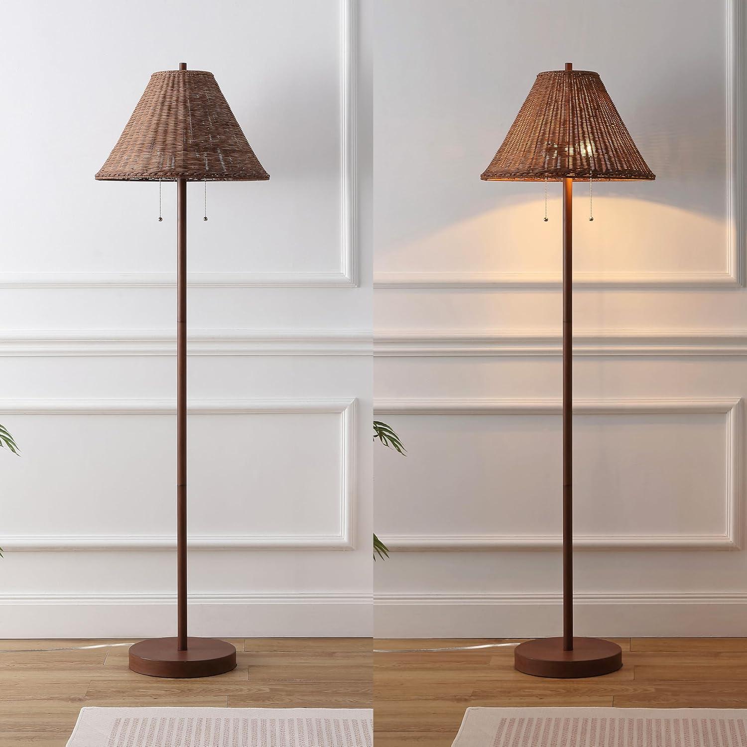 image:imageJONATHAN Y 61 Dark Brown Wood Finish 2Light Coastal Bohemian LED Floor Lamp for Living Room Brown Rattan Shade MidCentury Modern Tall Standing Lamp PullChain LED Bulbs Included JYL3092CDark Brown