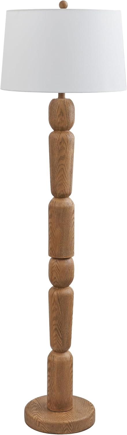 image:imageJONATHAN Y 615 Antique Brown Wood Finish Resin Floor Lamp Cottage Farmhouse Sculptural Turned Standing Lamp for Living Room White Linen Shade LED Bulb Included JYL5402A
