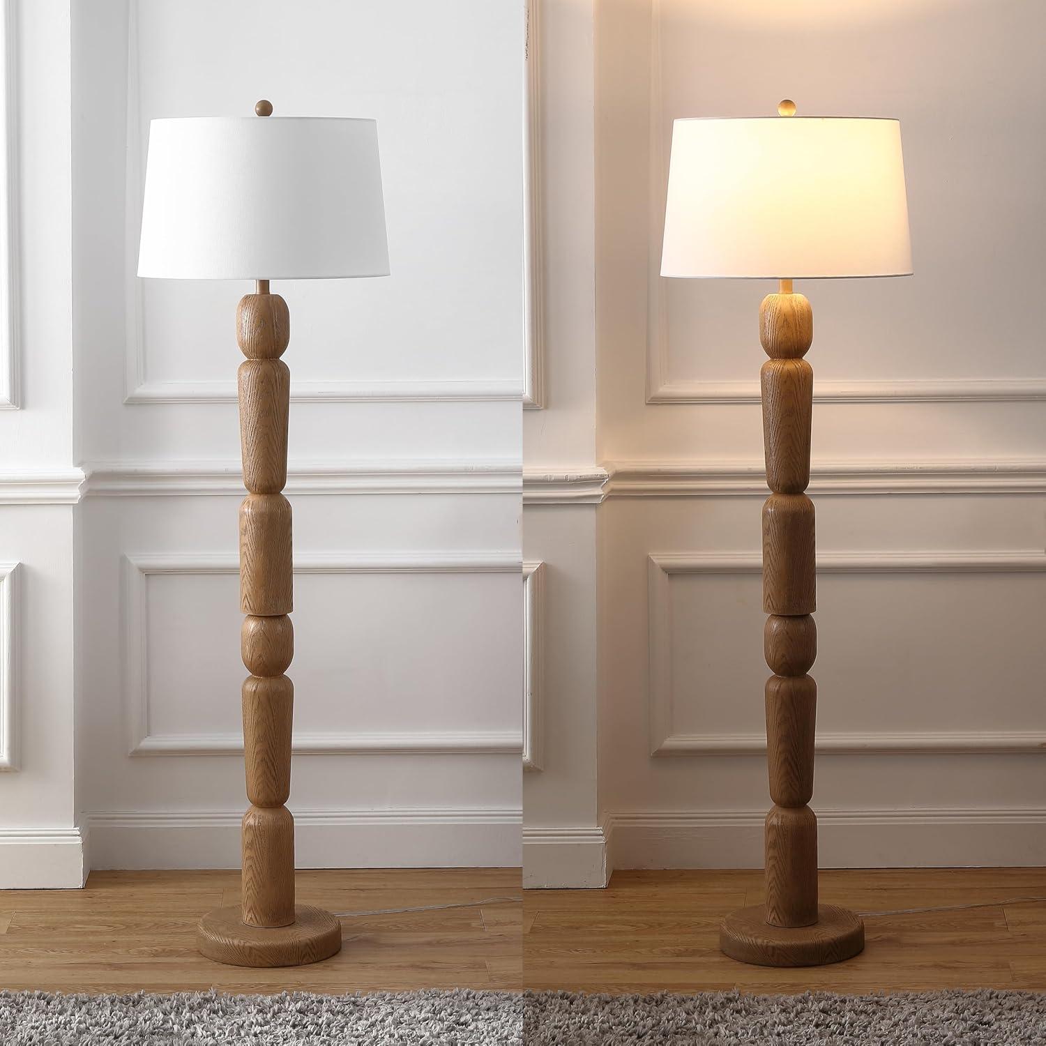 image:imageJONATHAN Y 615 Antique Brown Wood Finish Resin Floor Lamp Cottage Farmhouse Sculptural Turned Standing Lamp for Living Room White Linen Shade LED Bulb Included JYL5402A