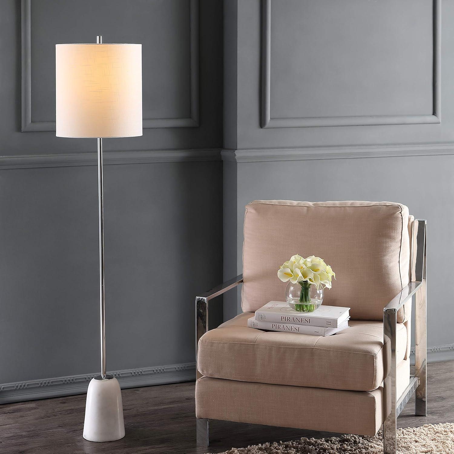 image:imageJONATHAN Y 625 Chrome and White Marble Floor Lamp Contemporary Iron Standing Lamp with Round White Linen Shade and FootSwitch UL Listed LED Bulb Included JYL2061A