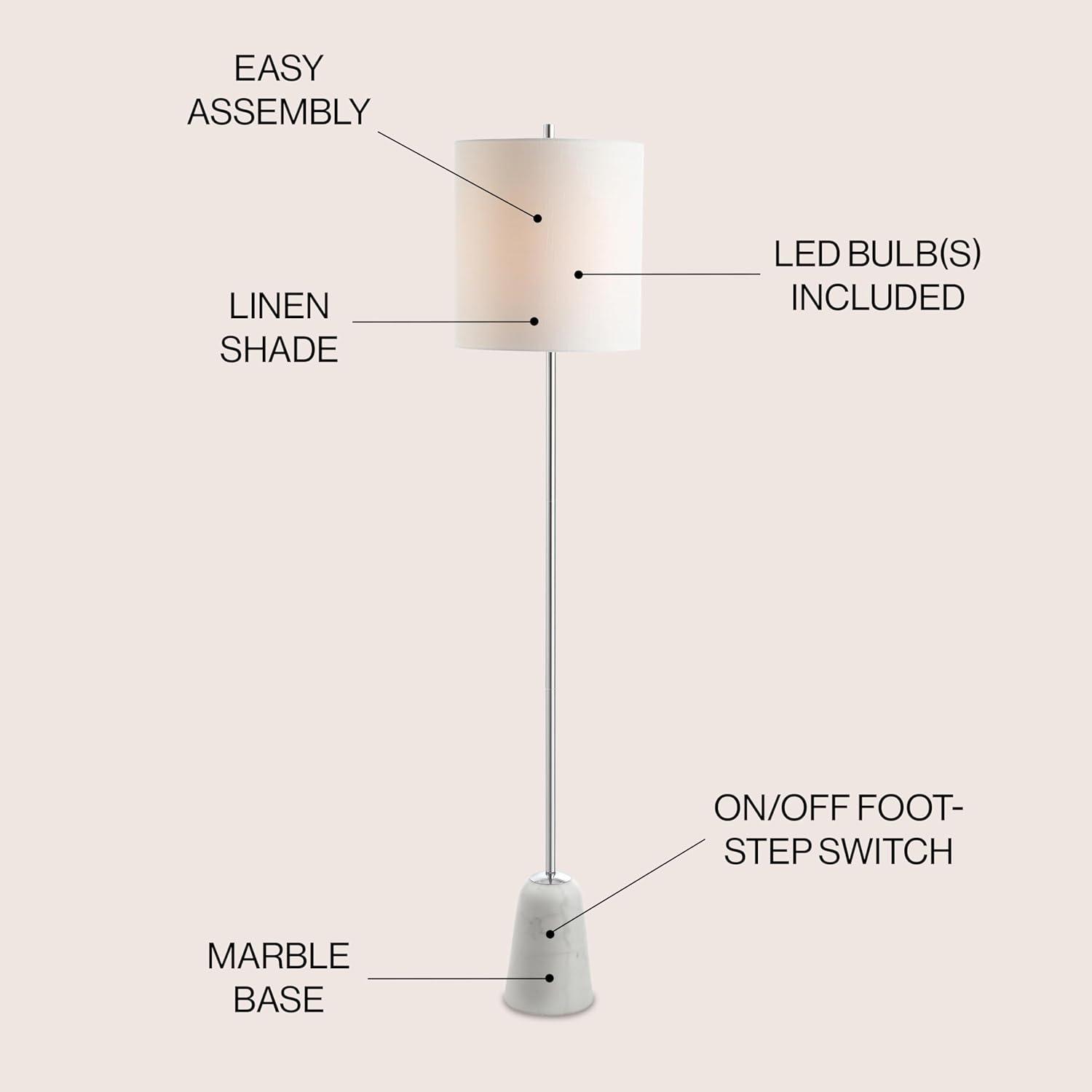 image:imageJONATHAN Y 625 Chrome and White Marble Floor Lamp Contemporary Iron Standing Lamp with Round White Linen Shade and FootSwitch UL Listed LED Bulb Included JYL2061A