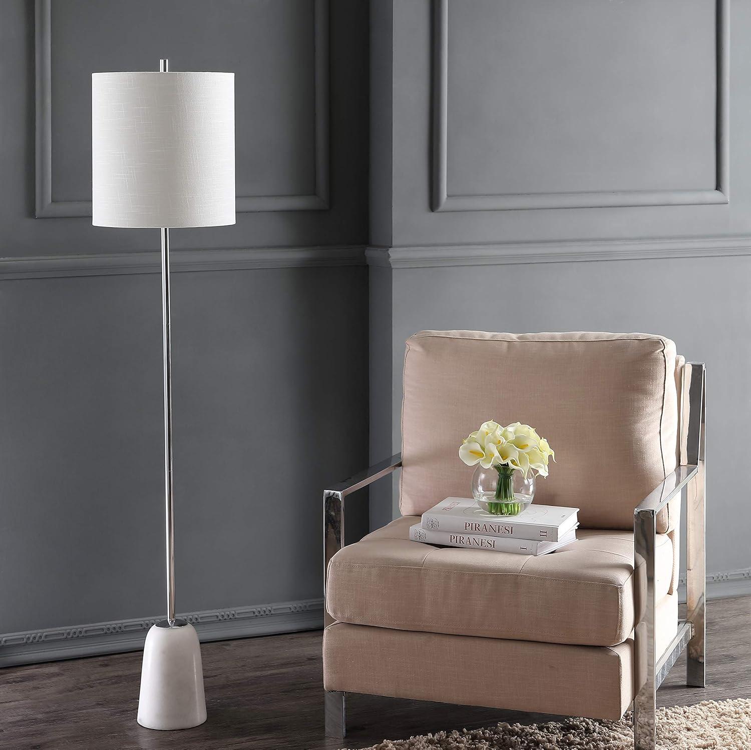 image:imageJONATHAN Y 625 Chrome and White Marble Floor Lamp Contemporary Iron Standing Lamp with Round White Linen Shade and FootSwitch UL Listed LED Bulb Included JYL2061A