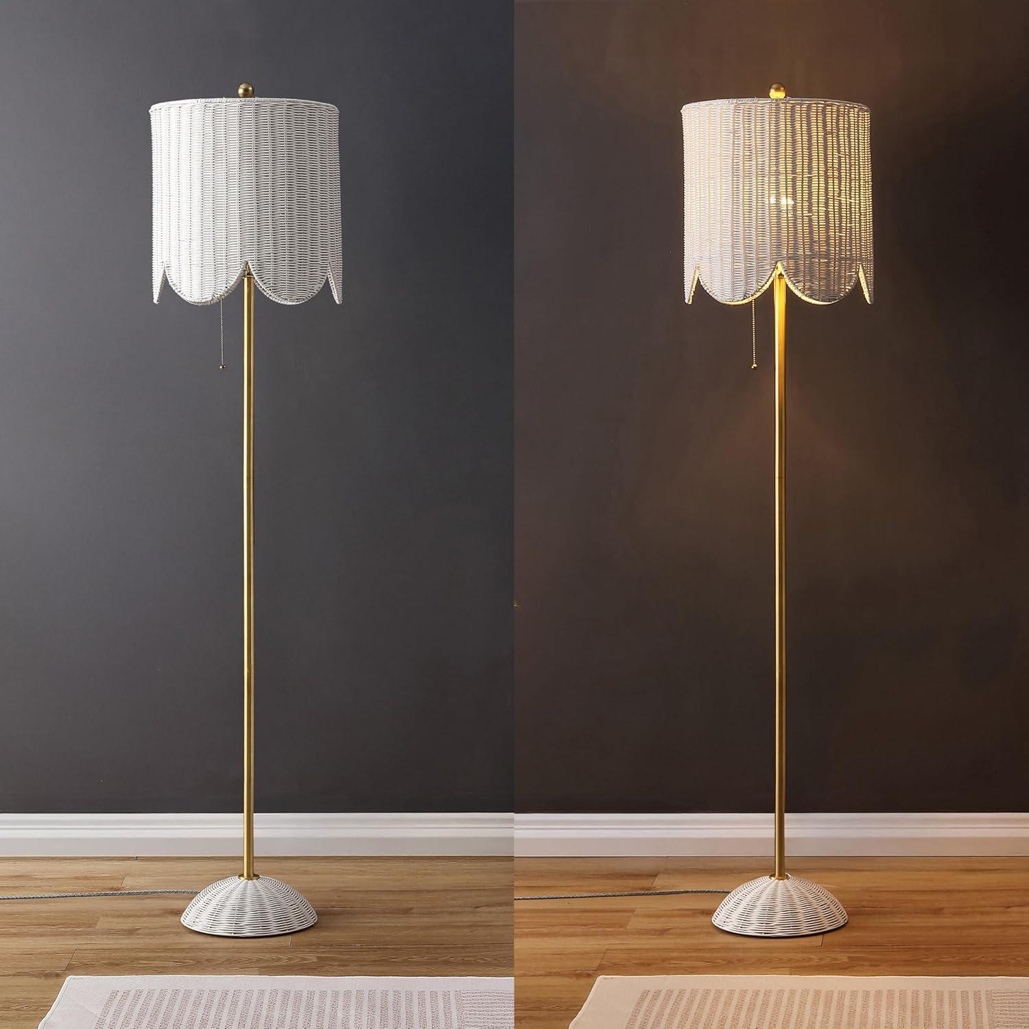 image:imageJONATHAN Y 635 BrownBrass Gold LED Floor Lamp for Living Room Bedroom with Scalloped Rattan Shade Coastal Bohemian Tall Standing Light Pull Chain LED Bulb Included JYL1153AWhiteBrass Gold