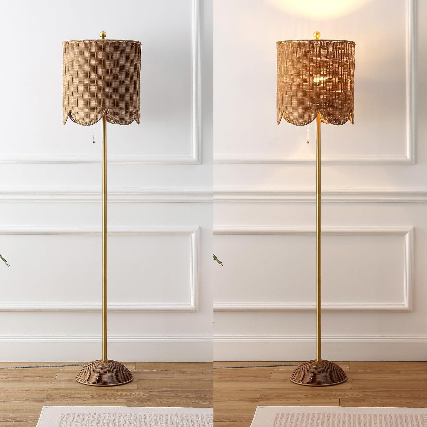 image:imageJONATHAN Y 635 BrownBrass Gold LED Floor Lamp for Living Room Bedroom with Scalloped Rattan Shade Coastal Bohemian Tall Standing Light Pull Chain LED Bulb Included JYL1153ABrownBrass Gold