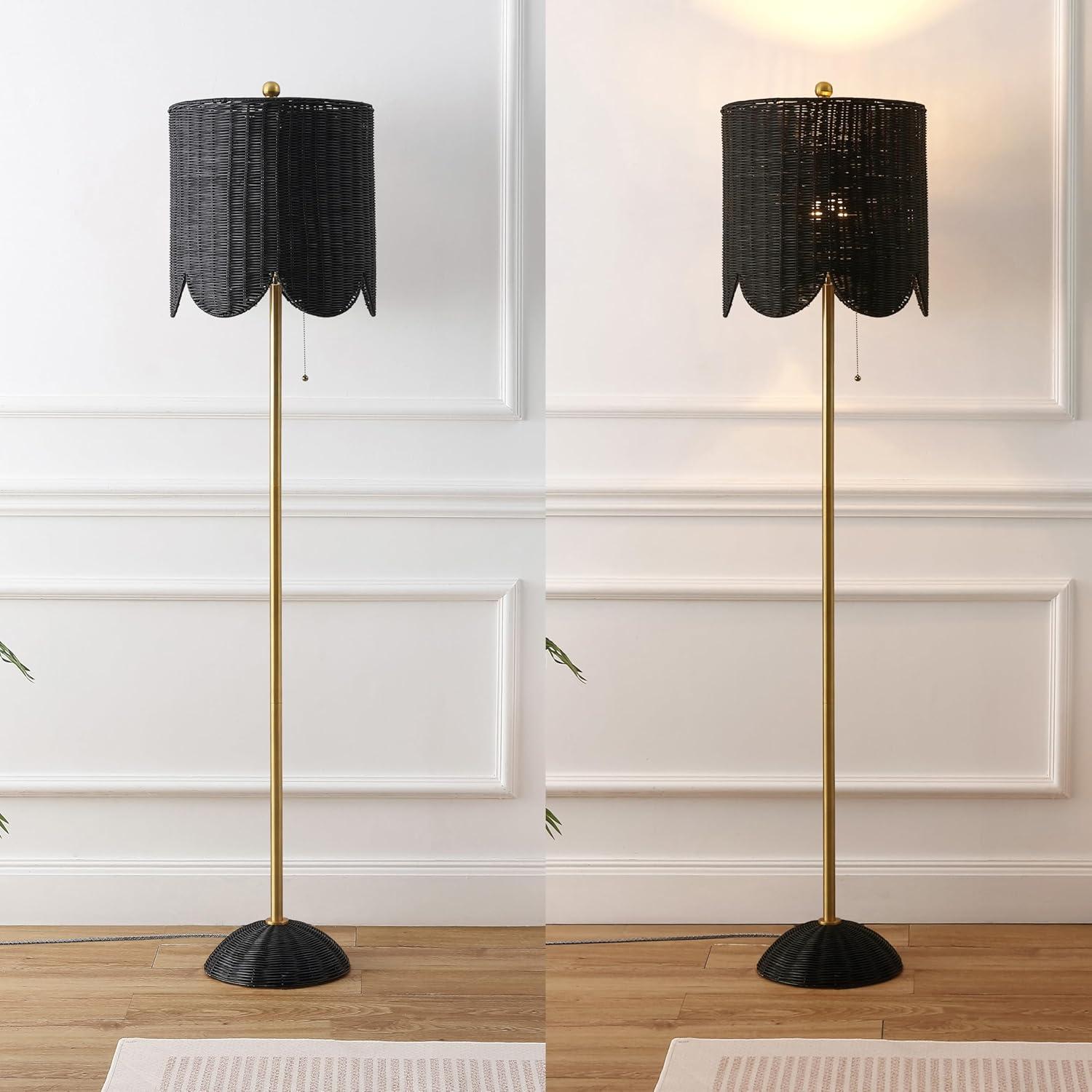 image:imageJONATHAN Y 635 BrownBrass Gold LED Floor Lamp for Living Room Bedroom with Scalloped Rattan Shade Coastal Bohemian Tall Standing Light Pull Chain LED Bulb Included JYL1153ABlackBrass Gold