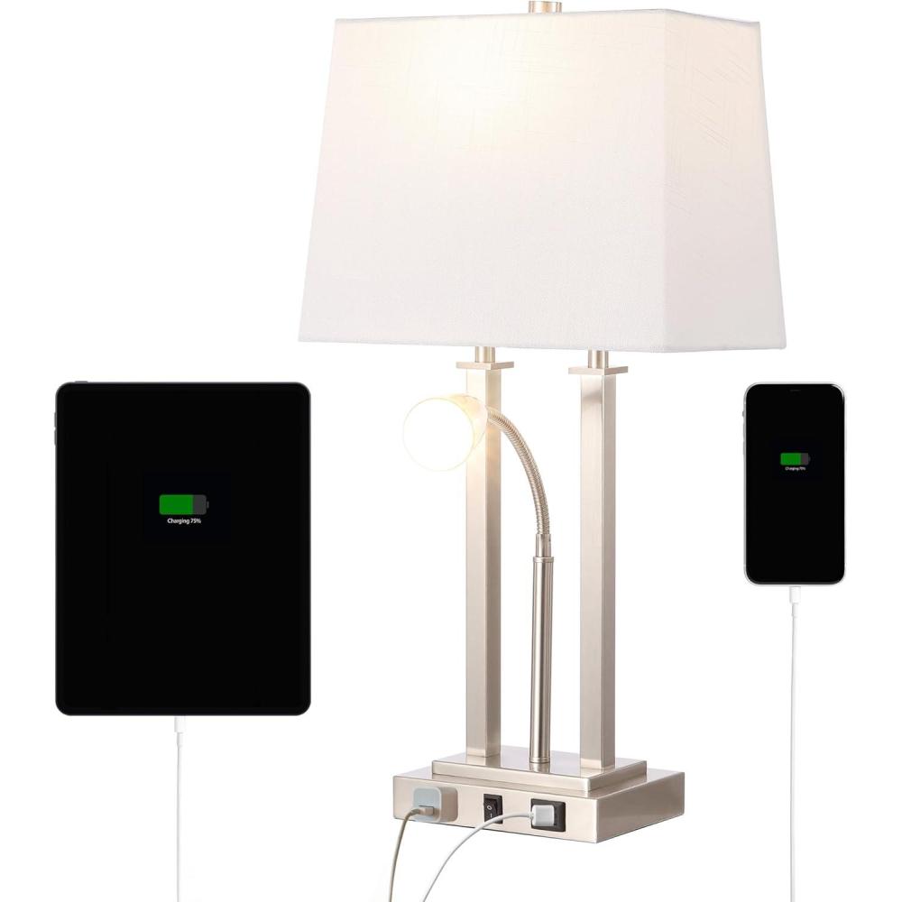 image:imageJONATHAN Y 2375 Nickel 2Light Modern Farmhouse LED Table Lamp with USB White Linen Shade AC Outlet Adjustable Reading Light for Bedside Nightstand and Living Room JYL1144CNickel