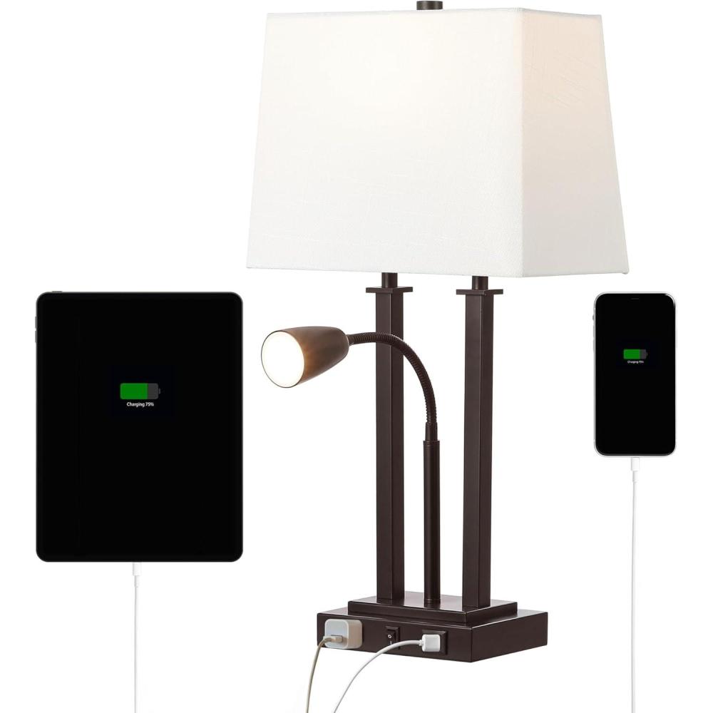 image:imageJONATHAN Y 2375 Nickel 2Light Modern Farmhouse LED Table Lamp with USB White Linen Shade AC Outlet Adjustable Reading Light for Bedside Nightstand and Living Room JYL1144COilRubbed Bronze