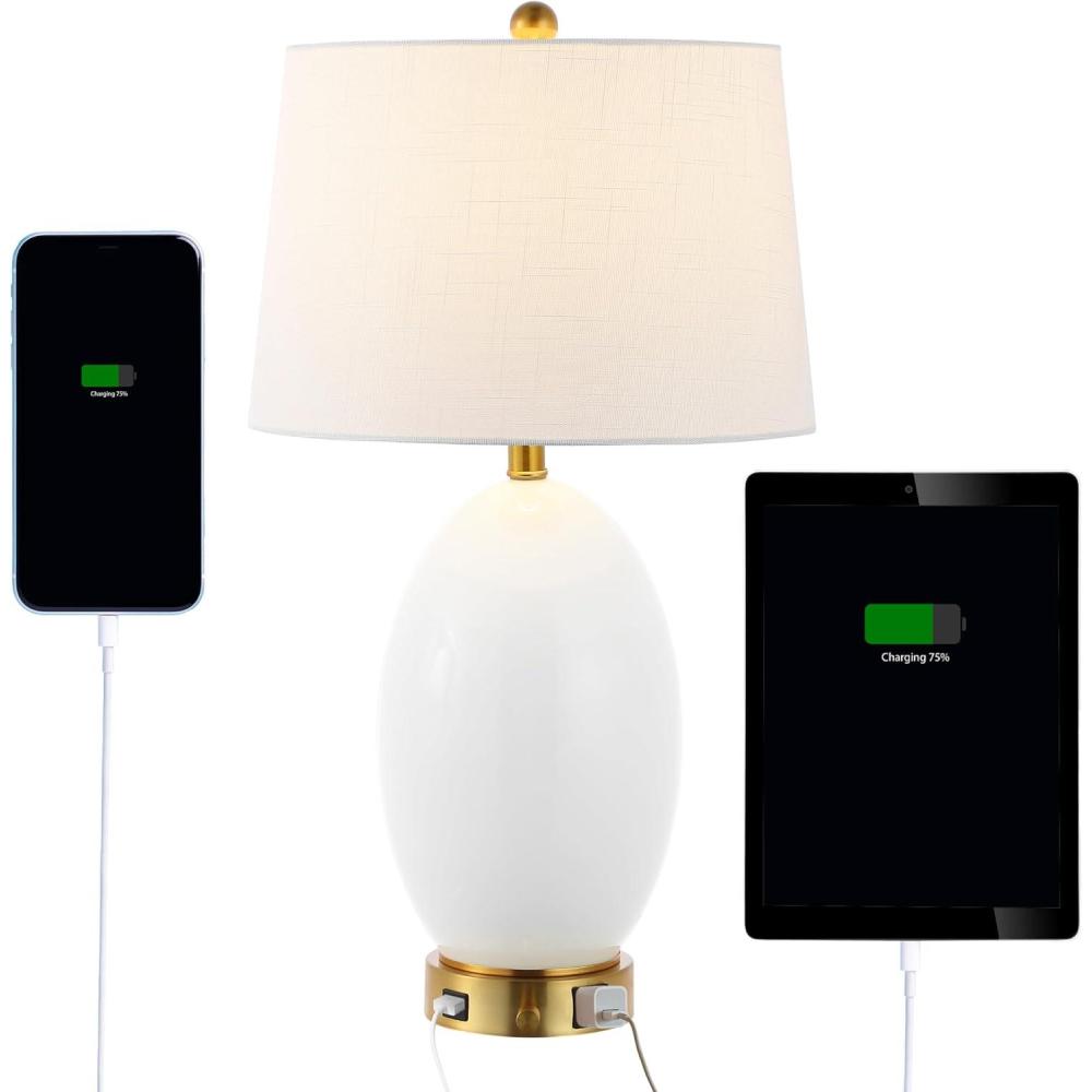image:imageJONATHAN Y 265 WhiteBrass Gold Modern Glass Table Lamp with USB Port and AC Outlet White Linen Shade Contemporary Glam Bedside Lamp for Living Room Bedroom LED Bulb JYL4053AWhiteBrass Gold