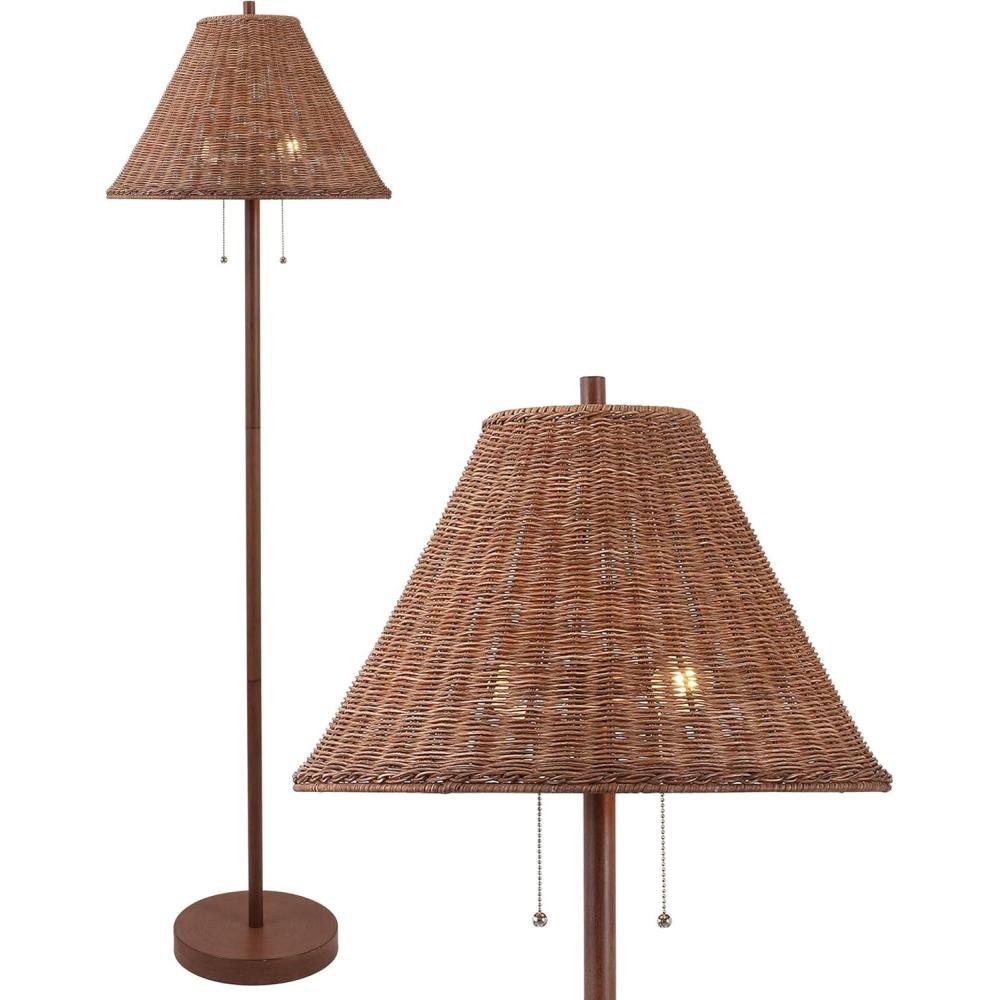 image:imageJONATHAN Y 61 Dark Brown Wood Finish 2Light Coastal Bohemian LED Floor Lamp for Living Room Brown Rattan Shade MidCentury Modern Tall Standing Lamp PullChain LED Bulbs Included JYL3092CDark Brown