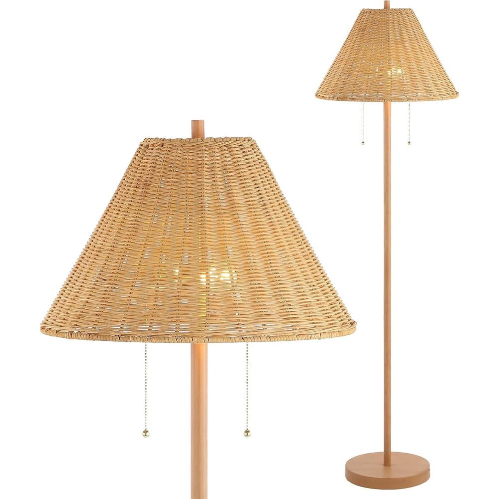 image:imageJONATHAN Y 61 Dark Brown Wood Finish 2Light Coastal Bohemian LED Floor Lamp for Living Room Brown Rattan Shade MidCentury Modern Tall Standing Lamp PullChain LED Bulbs Included JYL3092CBrown Wood