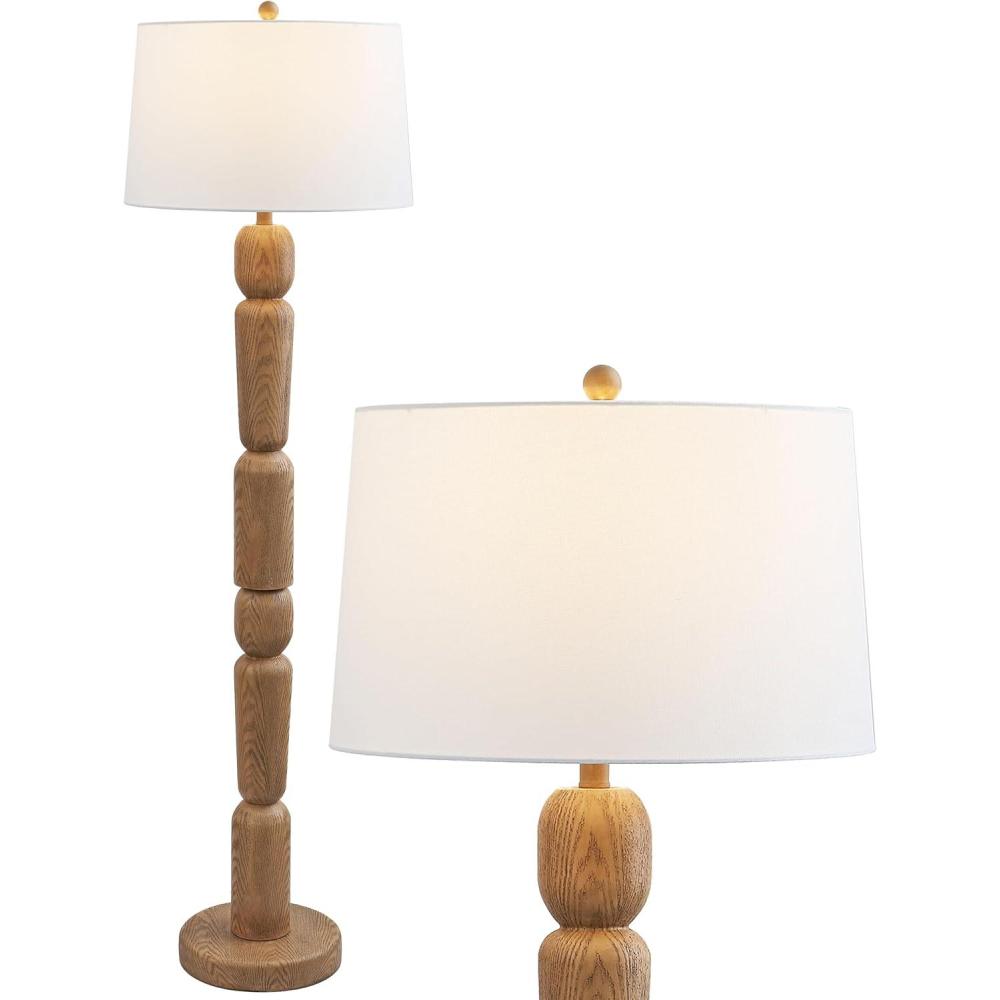 image:imageJONATHAN Y 615 Antique Brown Wood Finish Resin Floor Lamp Cottage Farmhouse Sculptural Turned Standing Lamp for Living Room White Linen Shade LED Bulb Included JYL5402A