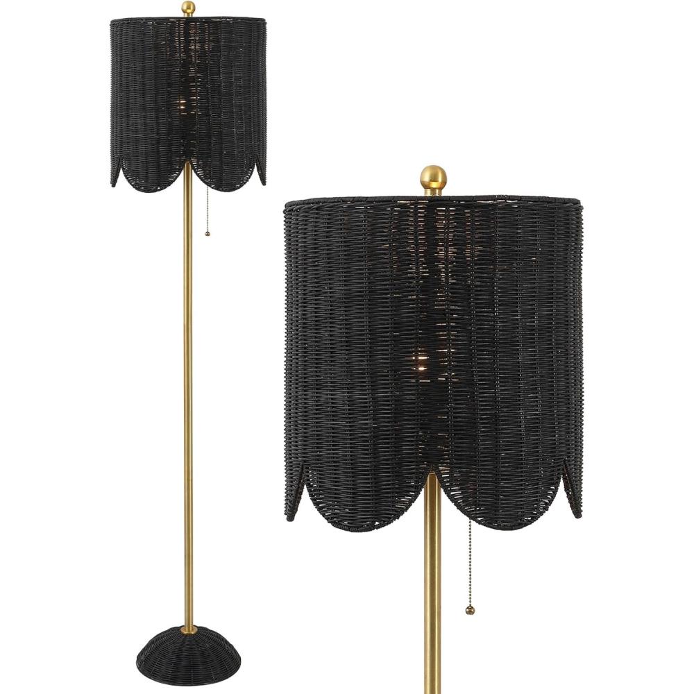 image:imageJONATHAN Y 635 BrownBrass Gold LED Floor Lamp for Living Room Bedroom with Scalloped Rattan Shade Coastal Bohemian Tall Standing Light Pull Chain LED Bulb Included JYL1153ABlackBrass Gold