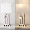 JONATHAN Y 23.75″ Nickel 2-Light Modern Farmhouse LED Table Lamp with USB, White Linen Shade, AC Outlet, Adjustable Reading Light for Bedside Nightstand and Living Room (JYL1144C)(Nickel)