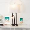 JONATHAN Y 23.75″ Nickel 2-Light Modern Farmhouse LED Table Lamp with USB, White Linen Shade, AC Outlet, Adjustable Reading Light for Bedside Nightstand and Living Room (JYL1144C)(Oil-Rubbed Bronze)