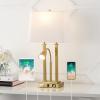 JONATHAN Y 23.75″ Nickel 2-Light Modern Farmhouse LED Table Lamp with USB, White Linen Shade, AC Outlet, Adjustable Reading Light for Bedside Nightstand and Living Room (JYL1144C)(Brass Gold)