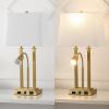 JONATHAN Y 23.75″ Nickel 2-Light Modern Farmhouse LED Table Lamp with USB, White Linen Shade, AC Outlet, Adjustable Reading Light for Bedside Nightstand and Living Room (JYL1144C)(Brass Gold)