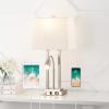 JONATHAN Y 23.75″ Nickel 2-Light Modern Farmhouse LED Table Lamp with USB, White Linen Shade, AC Outlet, Adjustable Reading Light for Bedside Nightstand and Living Room (JYL1144C)(Nickel)