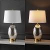 JONATHAN Y 26.5″ White/Brass Gold Modern Glass Table Lamp with USB Port and AC Outlet, White Linen Shade, Contemporary Glam Bedside Lamp for Living Room Bedroom, LED Bulb JYL4053A(Silver/Brass Gold)