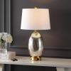 JONATHAN Y 26.5″ White/Brass Gold Modern Glass Table Lamp with USB Port and AC Outlet, White Linen Shade, Contemporary Glam Bedside Lamp for Living Room Bedroom, LED Bulb JYL4053A(Silver/Brass Gold)