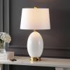 JONATHAN Y 26.5″ White/Brass Gold Modern Glass Table Lamp with USB Port and AC Outlet, White Linen Shade, Contemporary Glam Bedside Lamp for Living Room Bedroom, LED Bulb JYL4053A(White/Brass Gold)