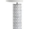 JONATHAN Y 28.75″ Blue and White Patterned Ceramic Modern Column Table Lamp, Coastal Bohemian Bedside Lamp for Living Room, White Linen Drum Shade, LED Bulb Included JYL6614A