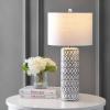 JONATHAN Y 28.75″ Blue and White Patterned Ceramic Modern Column Table Lamp, Coastal Bohemian Bedside Lamp for Living Room, White Linen Drum Shade, LED Bulb Included JYL6614A
