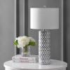 JONATHAN Y 28.75″ Blue and White Patterned Ceramic Modern Column Table Lamp, Coastal Bohemian Bedside Lamp for Living Room, White Linen Drum Shade, LED Bulb Included JYL6614A