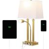 JONATHAN Y 23.75″ Nickel 2-Light Modern Farmhouse LED Table Lamp with USB, White Linen Shade, AC Outlet, Adjustable Reading Light for Bedside Nightstand and Living Room (JYL1144C)(Brass Gold)