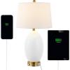 JONATHAN Y 26.5″ White/Brass Gold Modern Glass Table Lamp with USB Port and AC Outlet, White Linen Shade, Contemporary Glam Bedside Lamp for Living Room Bedroom, LED Bulb JYL4053A(White/Brass Gold)
