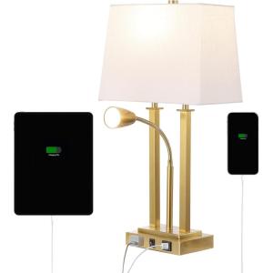 JONATHAN Y 23.75″ Nickel 2-Light Modern Farmhouse LED Table Lamp with USB, White Linen Shade, AC Outlet, Adjustable Reading Light for Bedside Nightstand and Living Room (JYL1144C)(Brass Gold)