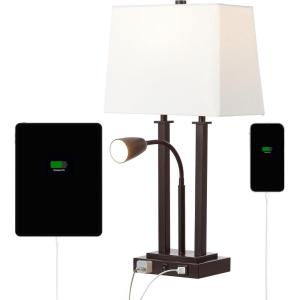 JONATHAN Y 23.75″ Nickel 2-Light Modern Farmhouse LED Table Lamp with USB, White Linen Shade, AC Outlet, Adjustable Reading Light for Bedside Nightstand and Living Room (JYL1144C)(Oil-Rubbed Bronze)