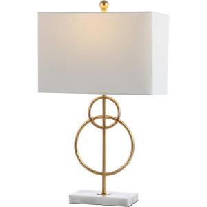 JONATHAN Y 26″ Gold Leaf and White Marble Modern Circle LED Table Lamp, Glam Transitional Metal Desk Lamp for Living Room, White Linen Shade, LED Bulb Included JYL1096A