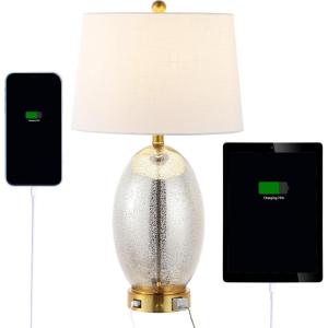 JONATHAN Y 26.5″ White/Brass Gold Modern Glass Table Lamp with USB Port and AC Outlet, White Linen Shade, Contemporary Glam Bedside Lamp for Living Room Bedroom, LED Bulb JYL4053A(Silver/Brass Gold)
