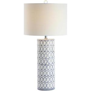 JONATHAN Y 28.75″ Blue and White Patterned Ceramic Modern Column Table Lamp, Coastal Bohemian Bedside Lamp for Living Room, White Linen Drum Shade, LED Bulb Included JYL6614A