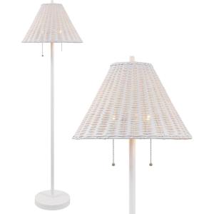 JONATHAN Y 61″ Dark Brown Wood Finish 2-Light Coastal Bohemian LED Floor Lamp for Living Room, Brown Rattan Shade, Mid-Century Modern Tall Standing Lamp, Pull-Chain, LED Bulbs Included (JYL3092C)(White)
