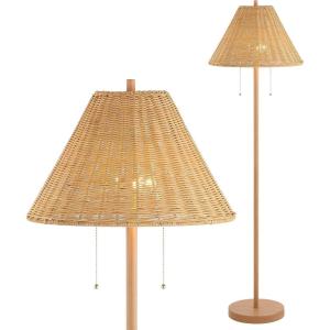 JONATHAN Y 61″ Dark Brown Wood Finish 2-Light Coastal Bohemian LED Floor Lamp for Living Room, Brown Rattan Shade, Mid-Century Modern Tall Standing Lamp, Pull-Chain, LED Bulbs Included (JYL3092C)(Brown Wood)
