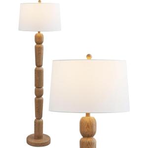 JONATHAN Y 61.5″ Antique Brown Wood Finish Resin Floor Lamp, Cottage Farmhouse Sculptural Turned Standing Lamp for Living Room, White Linen Shade, LED Bulb Included JYL5402A