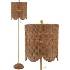 JONATHAN Y 63.5″ Brown/Brass Gold LED Floor Lamp for Living Room Bedroom with Scalloped Rattan Shade, Coastal Bohemian Tall Standing Light, Pull Chain, LED Bulb Included JYL1153A(Brown/Brass Gold)