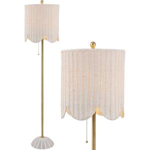 JONATHAN Y 63.5″ Brown/Brass Gold LED Floor Lamp for Living Room Bedroom with Scalloped Rattan Shade, Coastal Bohemian Tall Standing Light, Pull Chain, LED Bulb Included JYL1153A(White/Brass Gold)