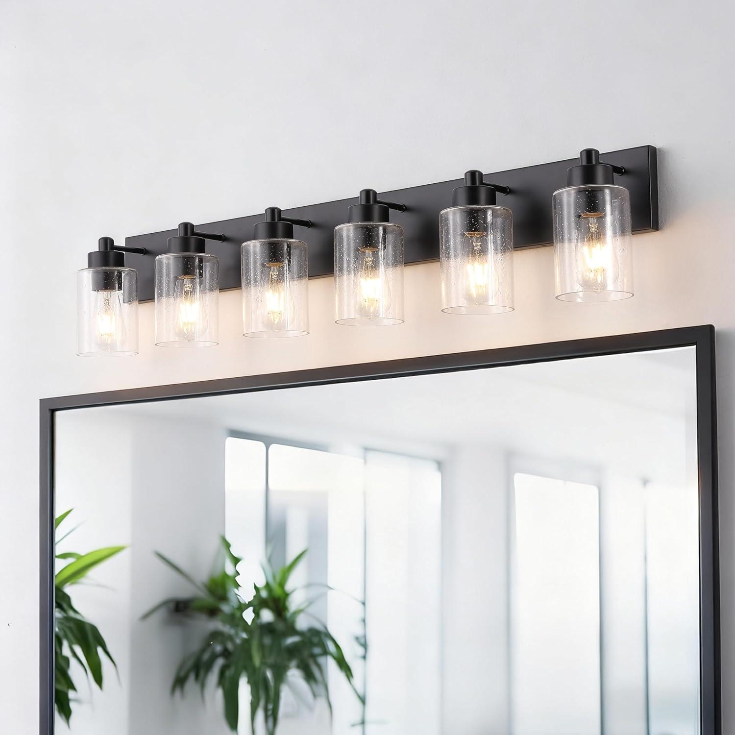 image:imageJONATHAN Y 36 Brass GoldClear 5Light Modern LED Vanity Light for Bathroom Mirror MidCentury Wall Sconce with Clear Seeded Glass Shades Contemporary Iron Fixture LED Bulbs JYL7620DBlackClear