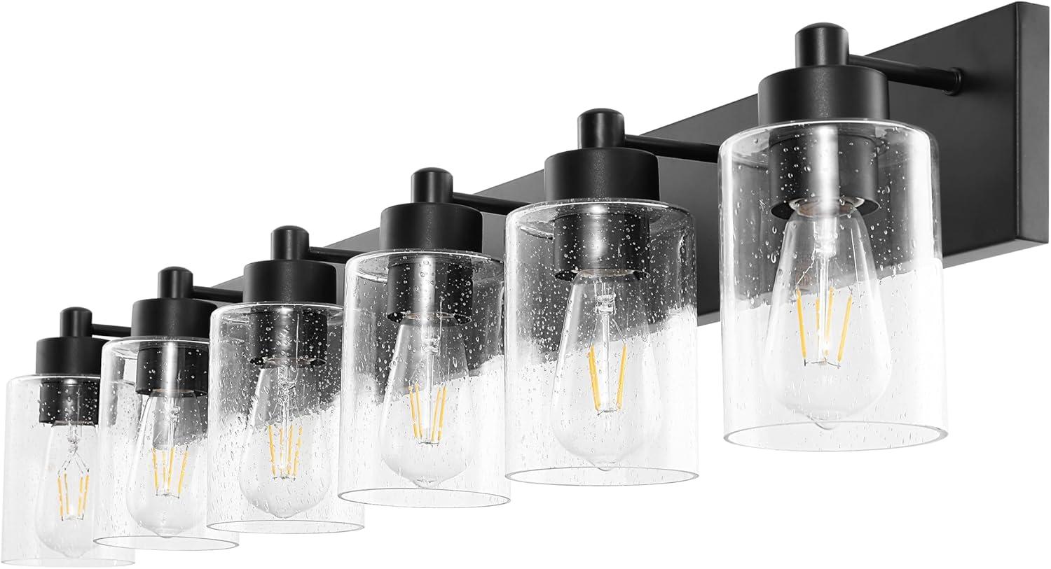 image:imageJONATHAN Y 36 Brass GoldClear 5Light Modern LED Vanity Light for Bathroom Mirror MidCentury Wall Sconce with Clear Seeded Glass Shades Contemporary Iron Fixture LED Bulbs JYL7620DBlackClear