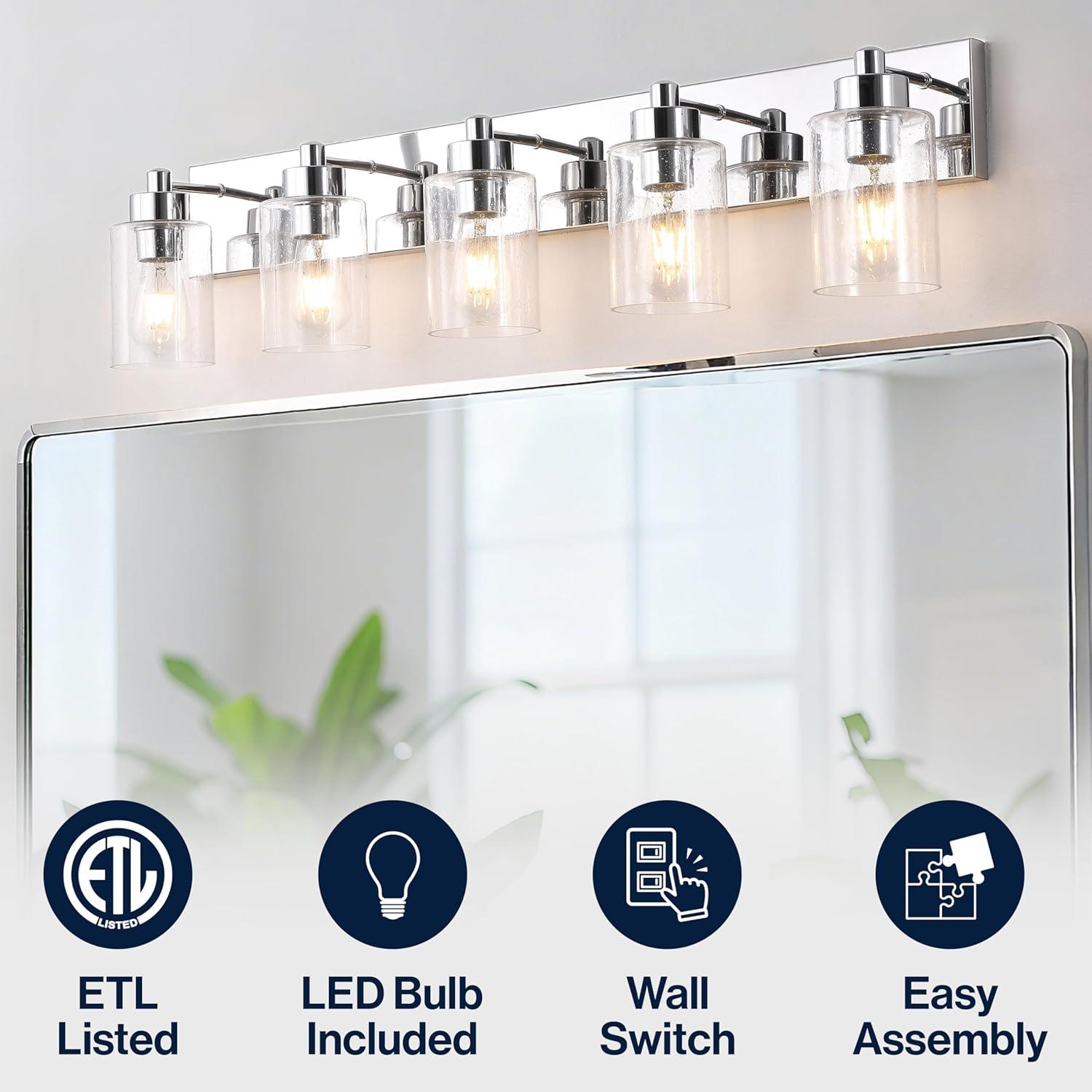 image:imageJONATHAN Y 36 Brass GoldClear 5Light Modern LED Vanity Light for Bathroom Mirror MidCentury Wall Sconce with Clear Seeded Glass Shades Contemporary Iron Fixture LED Bulbs JYL7620DChromeClear